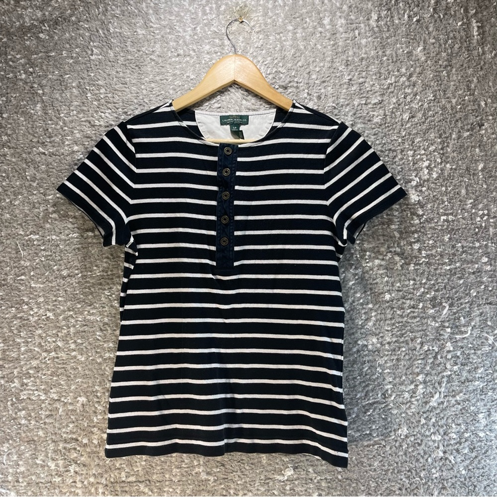 Lauren‎ Ralph Lauren Small Black White Striped Cap Sleeve Top Cotton Shirt